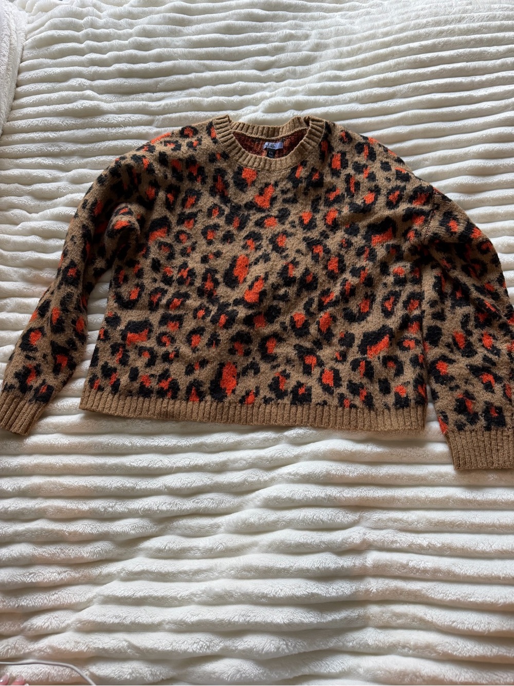 Leopard-Print Crewneck Sweater in Camel with Orange and Black Accents
